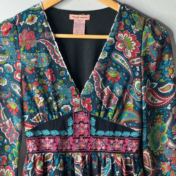 Flying Tomato Mini Dress Navy Blue Paisley Print Long Sleeves Size Extra Small - Picture 6 of 11